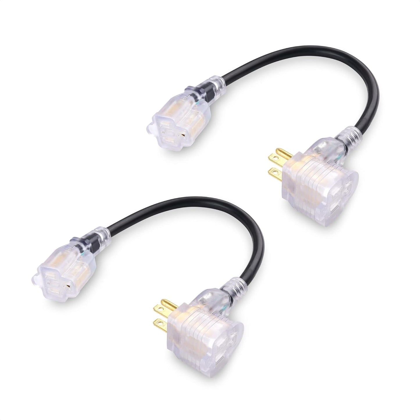 2-Pack 2 Outlet Short Extension Cord - 1ft, 13A/1625W, Pigtail Extension Cord with LED-lit Socket, (Outlet Saver, Short Power Splitter Cable), Black