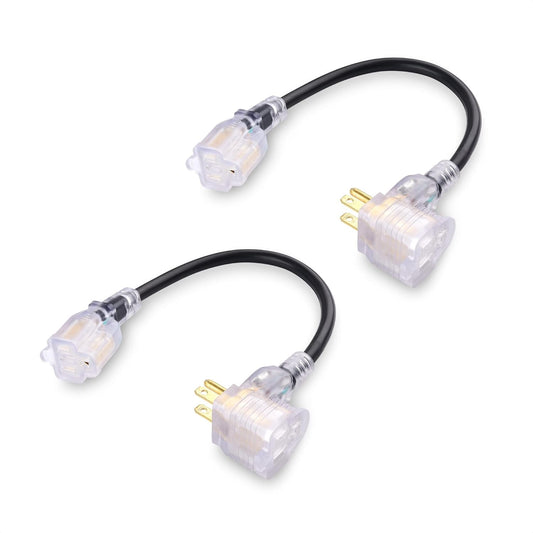 2-Pack 2 Outlet Short Extension Cord - 1ft, 13A/1625W, Pigtail Extension Cord with LED-lit Socket, (Outlet Saver, Short Power Splitter Cable), Black