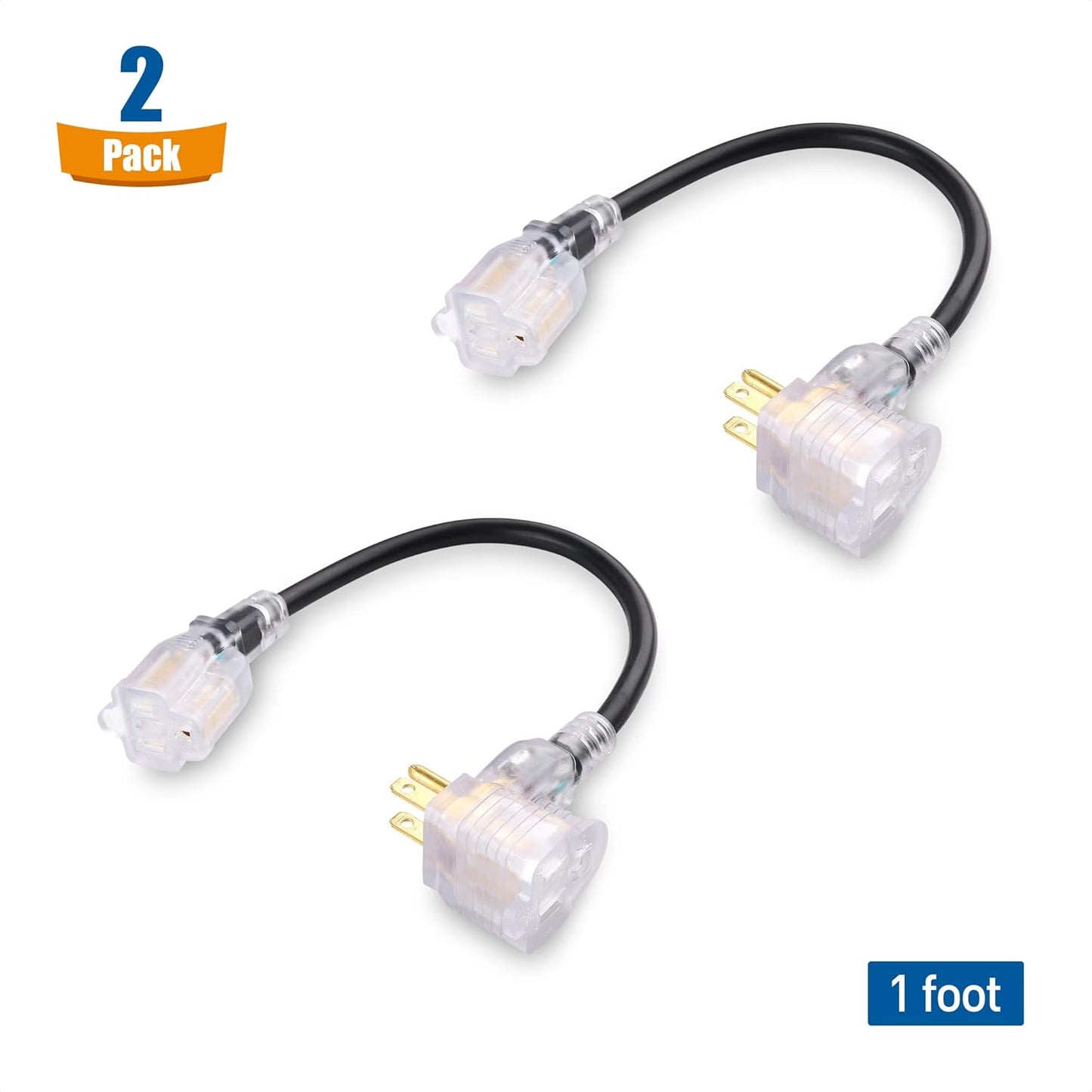 2-Pack 2 Outlet Short Extension Cord - 1ft, 13A/1625W, Pigtail Extension Cord with LED-lit Socket, (Outlet Saver, Short Power Splitter Cable), Black