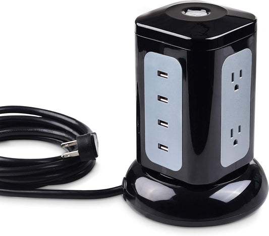 6 Outlet Surge Protector Tower with 4 USB Charging Ports (4.2A in Total) and 10 Feet Extra Long Power Cord in Black