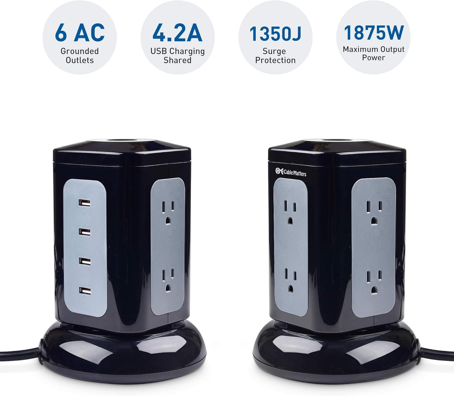 6 Outlet Surge Protector Tower with 4 USB Charging Ports (4.2A in Total) and 10 Feet Extra Long Power Cord in Black