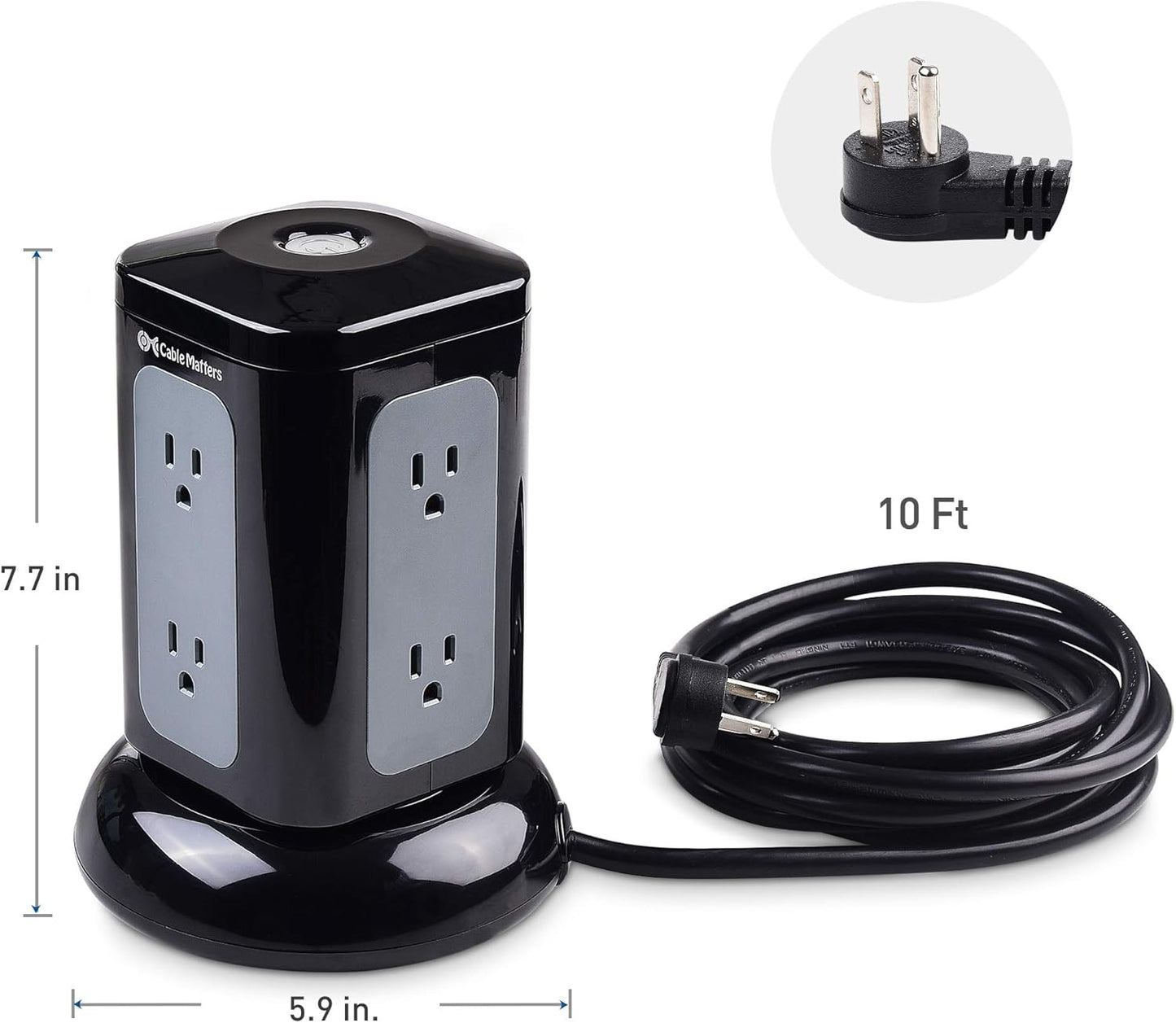 6 Outlet Surge Protector Tower with 4 USB Charging Ports (4.2A in Total) and 10 Feet Extra Long Power Cord in Black
