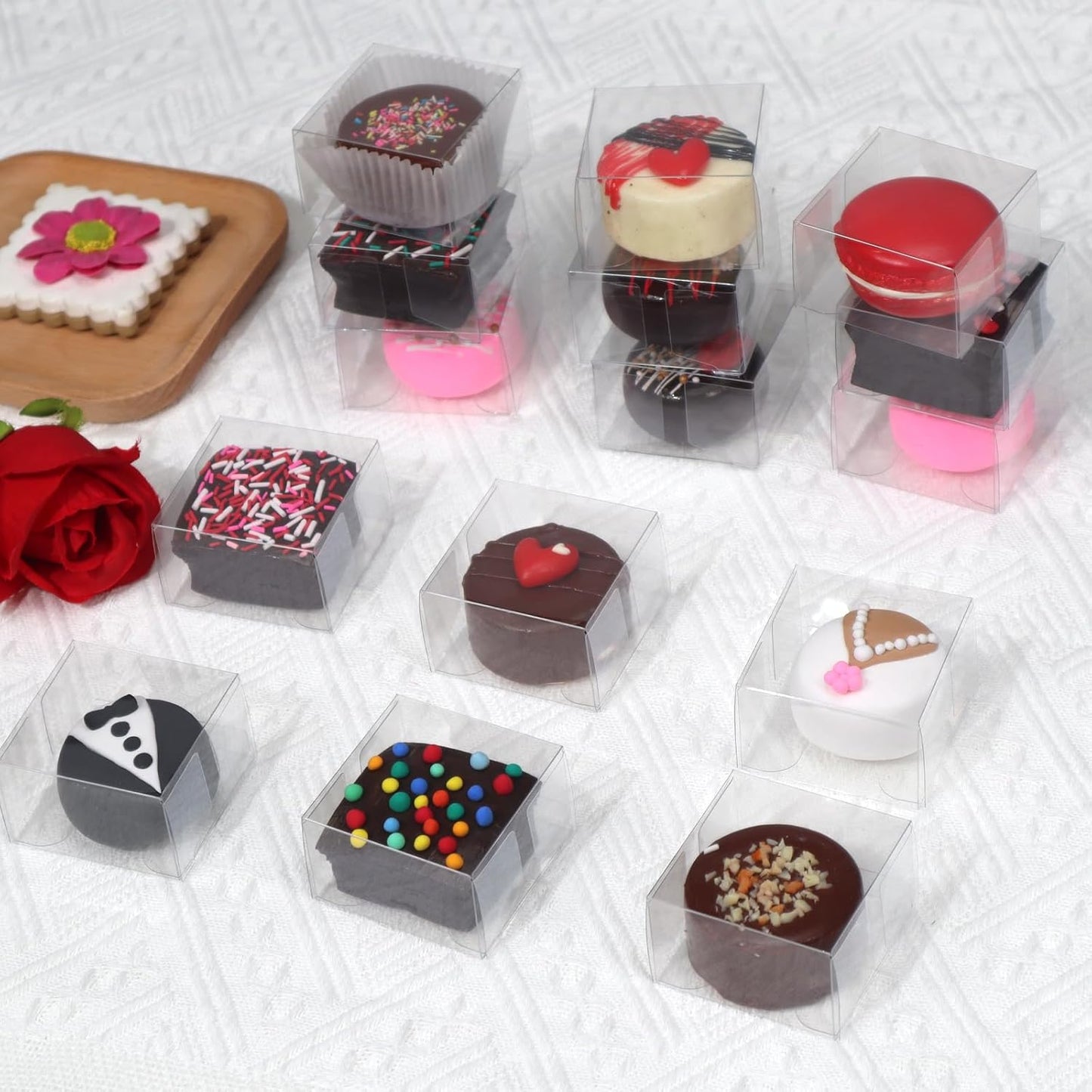 50Pcs 2.17x2.17x1.38 Inch Single Boxes for Chocolate Covered Ore, Macaron, Brownie, Treat, Candy, Small Gifts - Wedding, Bridal Shower, Birthday Party Favors