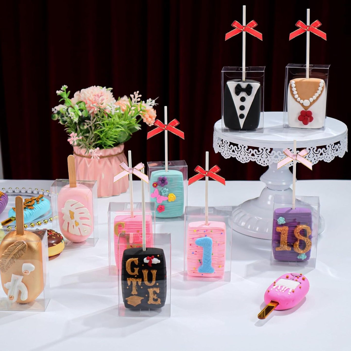 40Pcs 3.5"x 2.4"x 1.38" Clear Treat Boxes with Hole for Rice Krispie Treats, Cakesickles, Macarons, Candy - Party Favors, Birthday