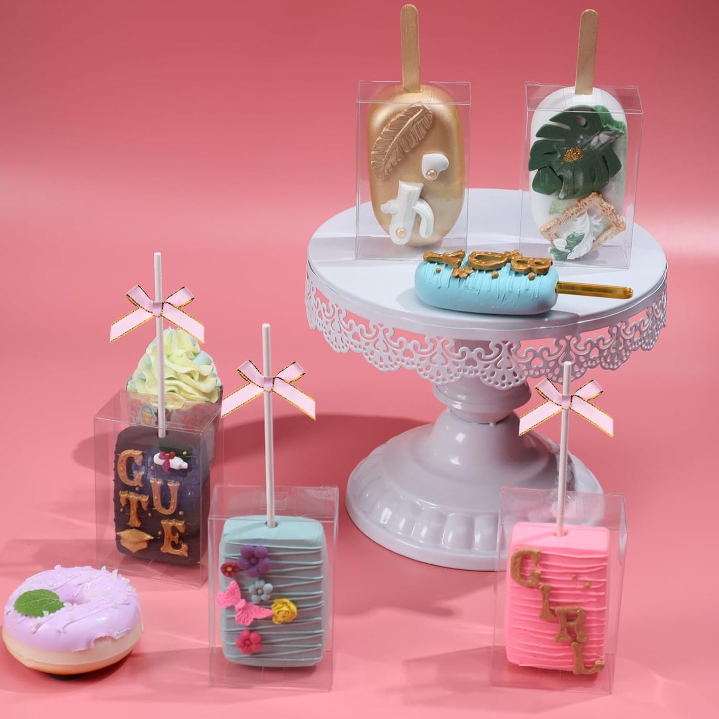 40Pcs 3.5"x 2.4"x 1.38" Clear Treat Boxes with Hole for Rice Krispie Treats, Cakesickles, Macarons, Candy - Party Favors, Birthday