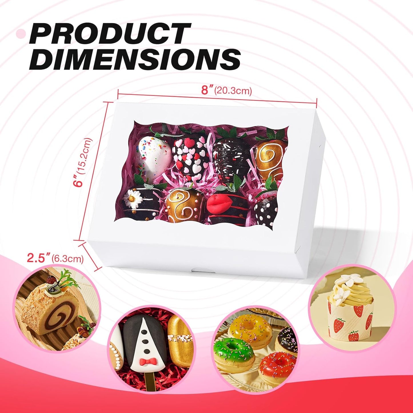 8PCS White Bakery Boxes with Window, 8x6x2.5 Inch Gift-Ready Pastry Box for Chocolate Strawberries, Macarons, Donuts, Truffles, Ores, Cookies, Donuts, Perfect for Different Holiday Celebrate