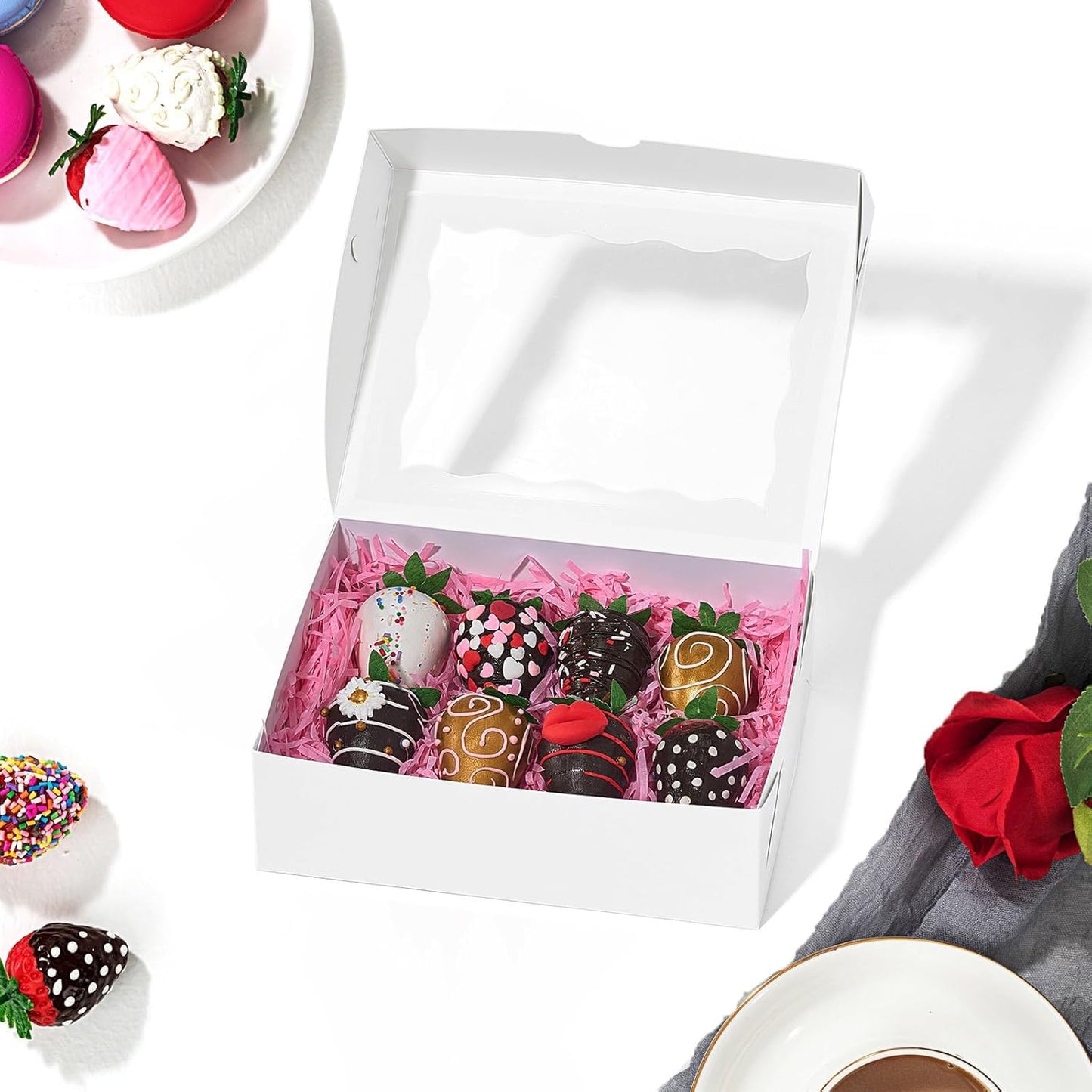 8PCS White Bakery Boxes with Window, 8x6x2.5 Inch Gift-Ready Pastry Box for Chocolate Strawberries, Macarons, Donuts, Truffles, Ores, Cookies, Donuts, Perfect for Different Holiday Celebrate