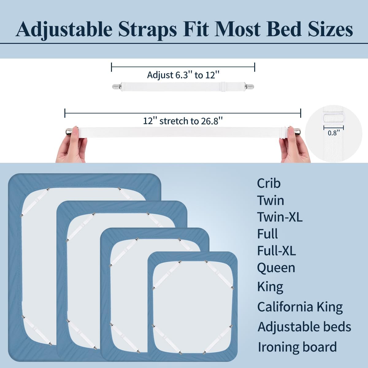 Bed Sheet Straps,  Adjustable Elastic Fitted Sheet Corner Holders Straps to Stay in Place, Non-Slip Fasteners Clips Compatible for Crib to King Size Bed, White 4Pcs