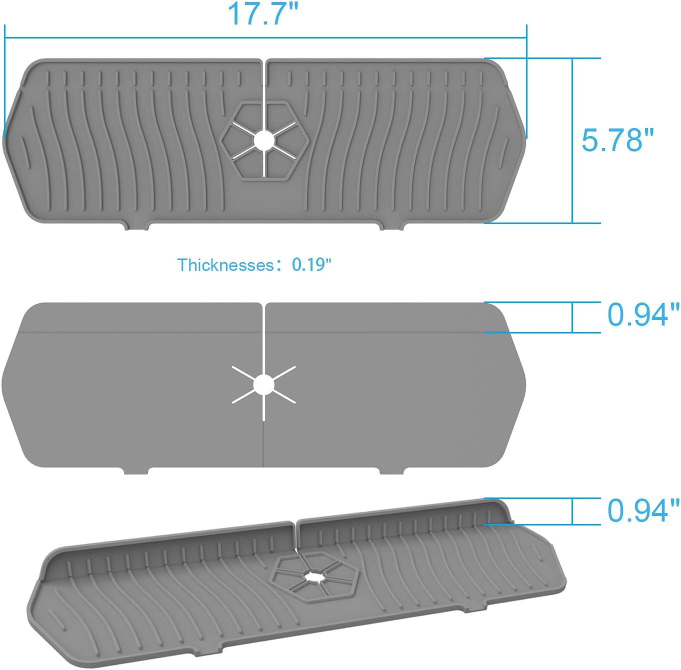 Sink Drain Mat Behind Faucet,Faucet Guard Draining Mat, 90° Foldable Tap Draining Mat for Kitchen Sink with 2 Water Ports, Faucet Drain Mats for Kitchen, Bathroom, etc (Gray, 17.7"*5.78")