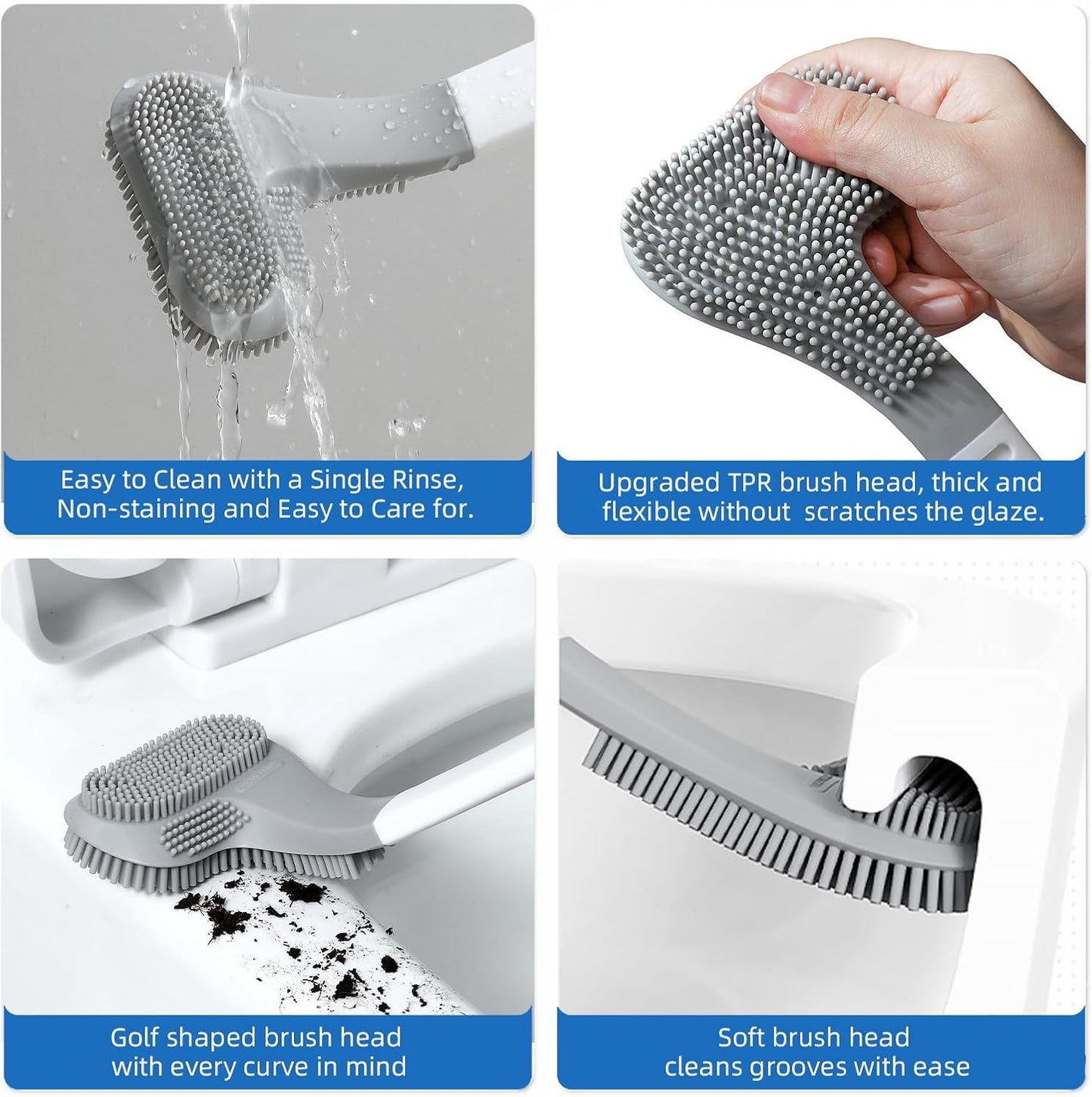 Toilet Brush and Holder Set Silicone, Flexible Toilet Brush for Deep Cleaning of Dead Corners, Snap-on Detachable Long Toilet Brush, Wall-Mounted Toilet Bowl Brush Set (Black)