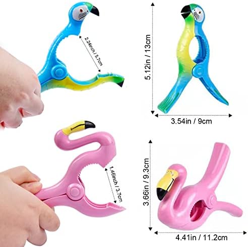 Beach Towel Clips,  Jumbo Size Towel Clips for Beach Chairs Cruise Pool Patio or Daily Use-Secure Hang Seal, Set of 4 (Flamingo Parrot)