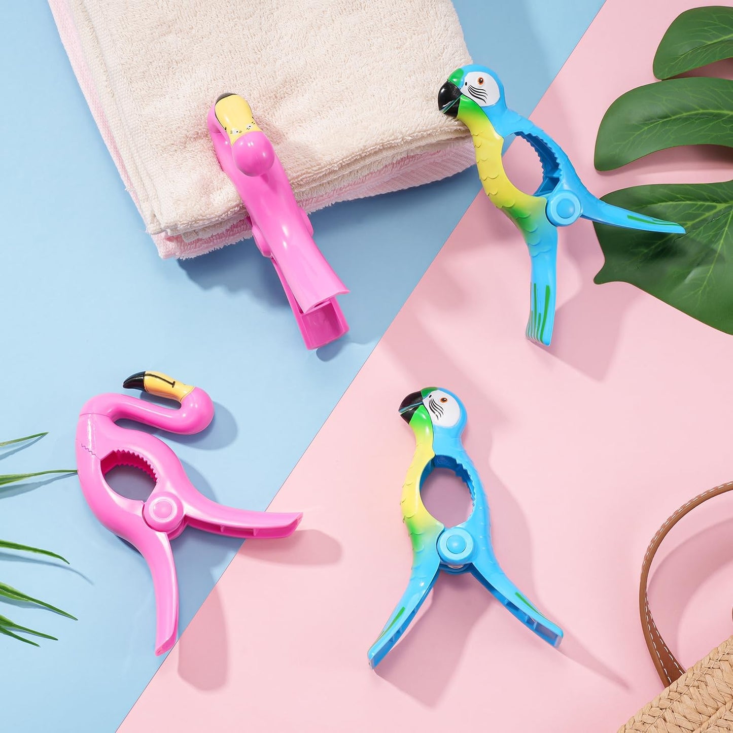 Beach Towel Clips,  Jumbo Size Towel Clips for Beach Chairs Cruise Pool Patio or Daily Use-Secure Hang Seal, Set of 4 (Flamingo Parrot)