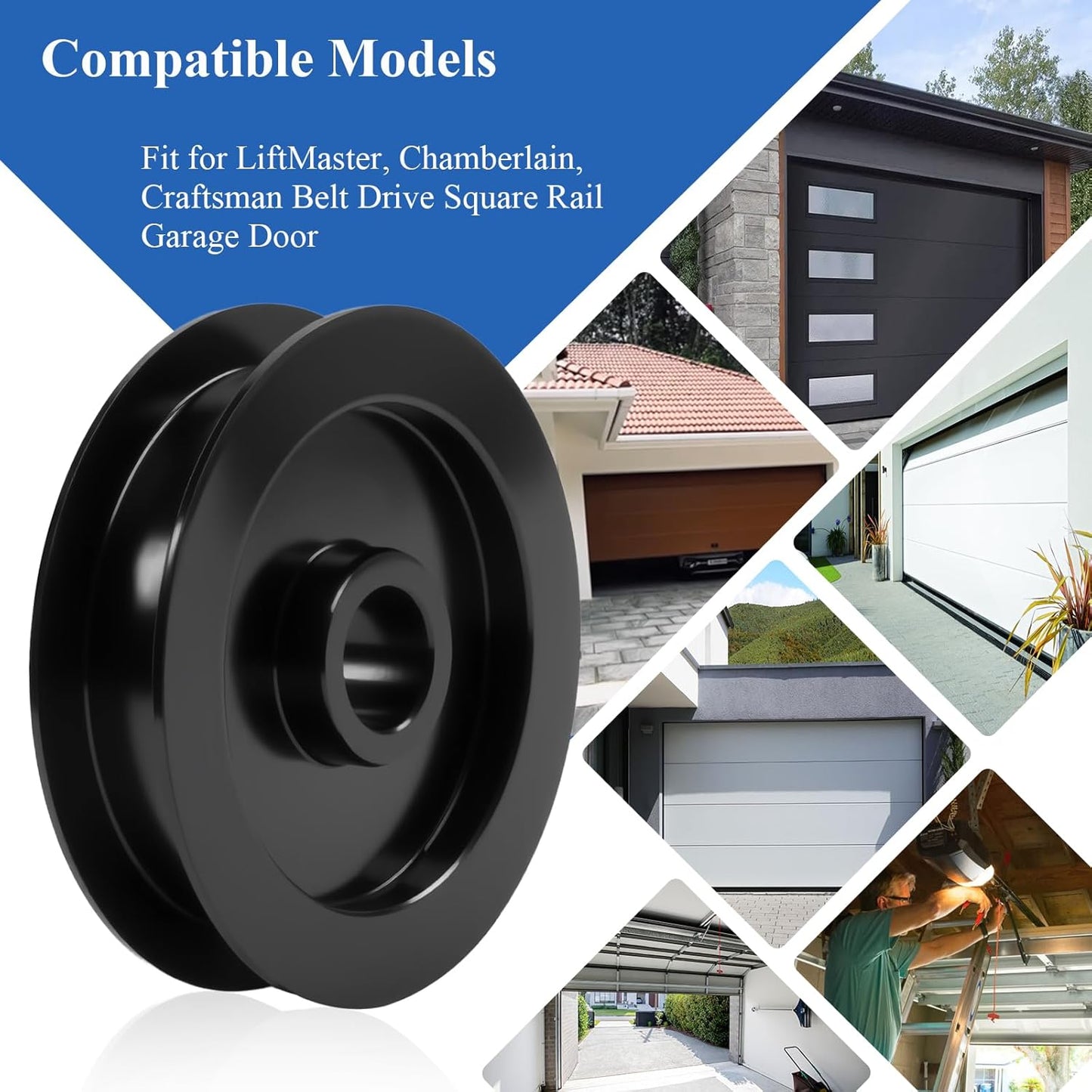 1 Pc 144C54 Metal Idler Pulley, K144C0054M Belt Drive Square Rail, For Garage Door Openers, Fits All LiftMaster Chamberlain Craftsman Belt Drive Square Rail Garage Door, 1/2 inch I.D., 2-1/2 inch O.D.