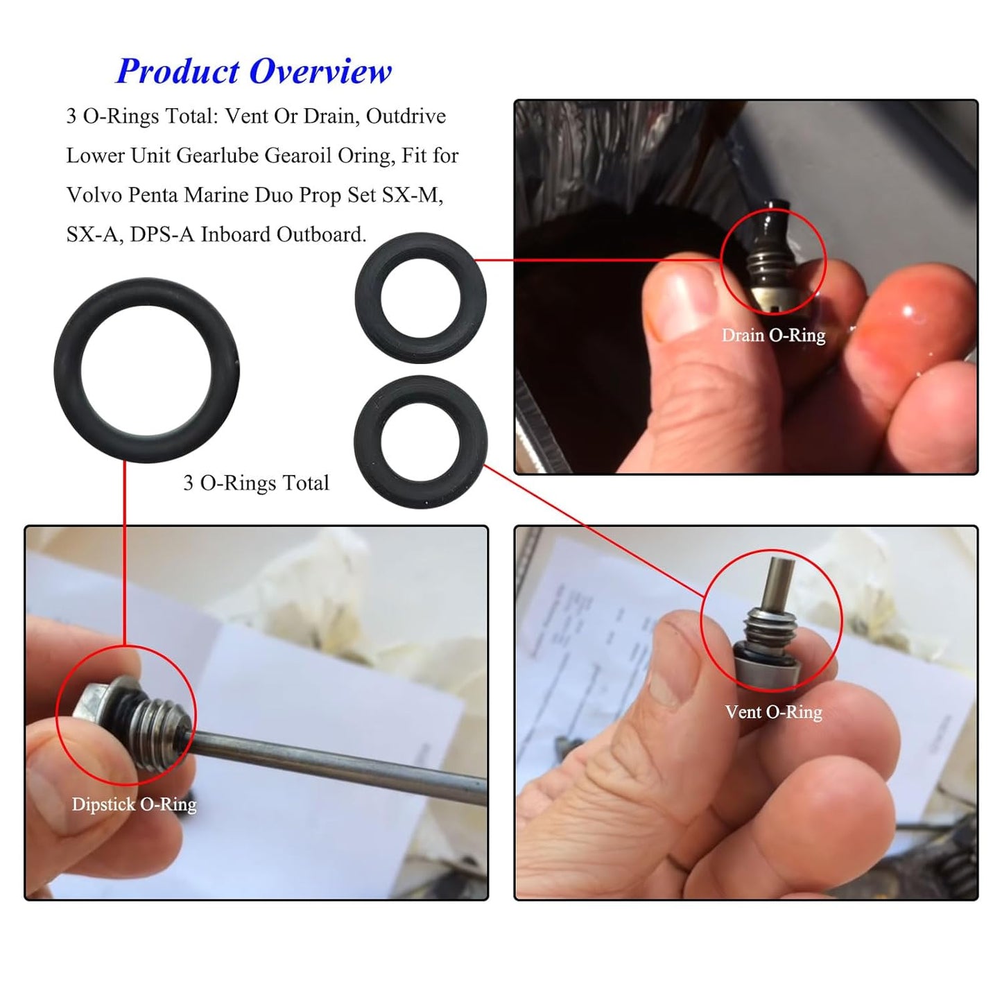 3 O-Rings Total: Dipstick #3852045, Vent #3855081, Drain #3855081, Vent Or Drain, Outdrive Lower Unit Gearlube Gearoil Oring, Fit for Volvo Penta Marine Duo Prop Set SX-M, SX-A, DPS-A Inboard Outboard