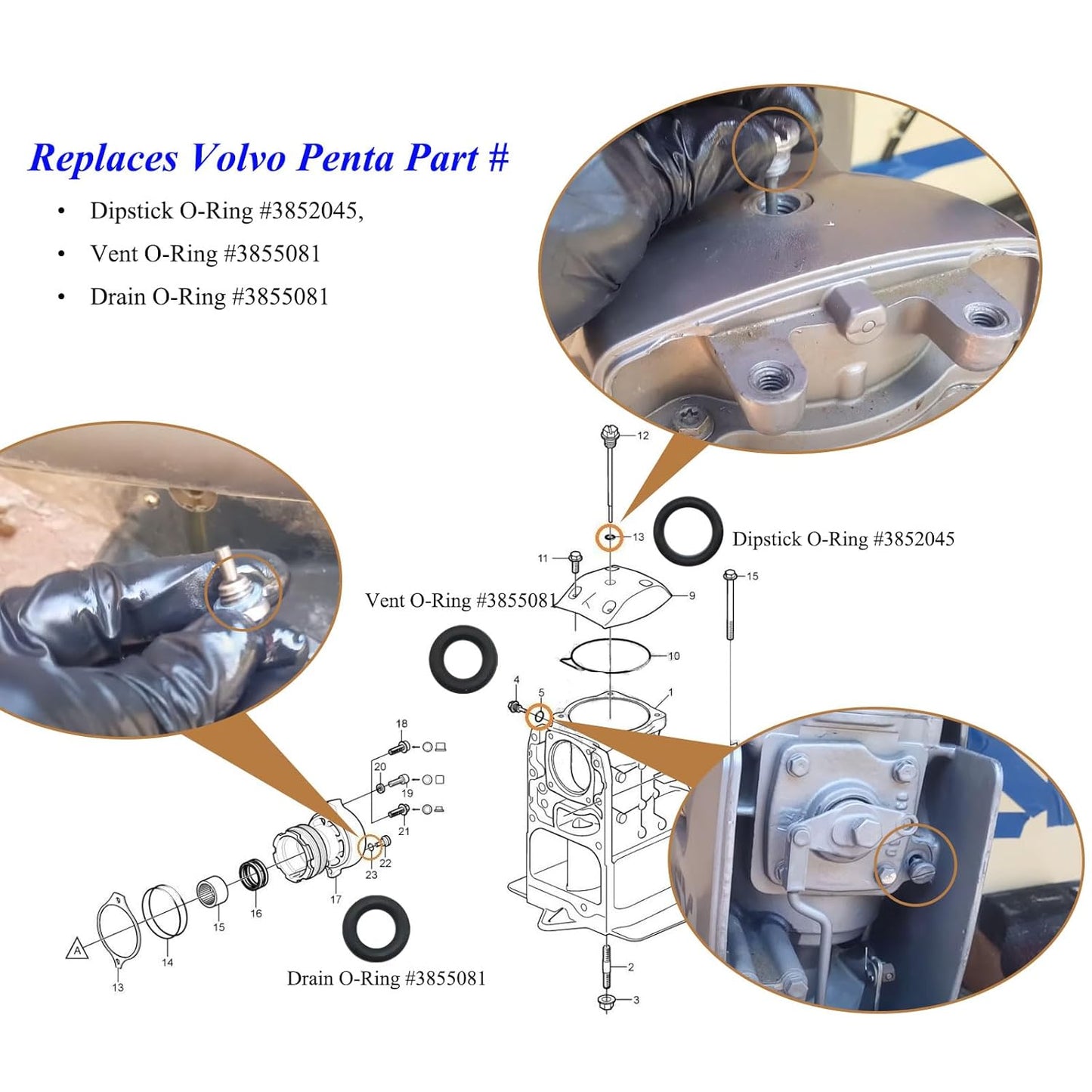 3 O-Rings Total: Dipstick #3852045, Vent #3855081, Drain #3855081, Vent Or Drain, Outdrive Lower Unit Gearlube Gearoil Oring, Fit for Volvo Penta Marine Duo Prop Set SX-M, SX-A, DPS-A Inboard Outboard