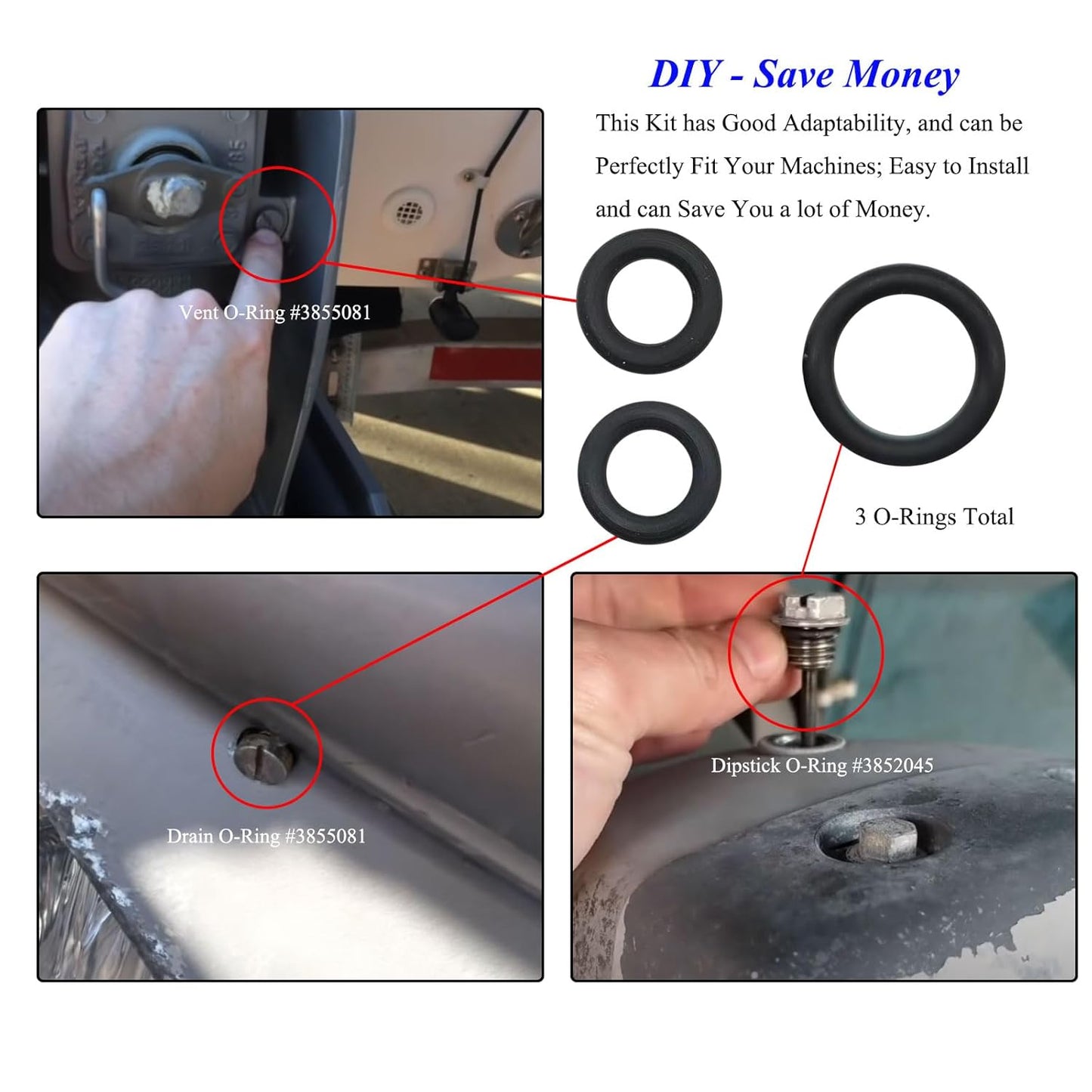 3 O-Rings Total: Dipstick #3852045, Vent #3855081, Drain #3855081, Vent Or Drain, Outdrive Lower Unit Gearlube Gearoil Oring, Fit for Volvo Penta Marine Duo Prop Set SX-M, SX-A, DPS-A Inboard Outboard