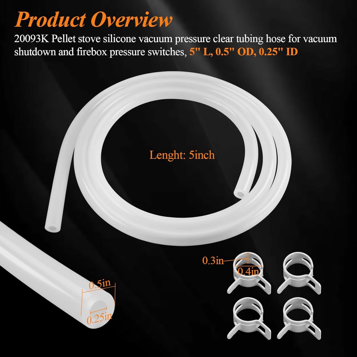 20093K Pellet Stove Silicone Vacuum Pressure Hose for Vacuum Shutdown and Firebox Pressure Switches, Fit for Most Englander Pellet Stove Models, 5 Feet Clear Tubing Hose with 4 Clips, Part# PU-VH
