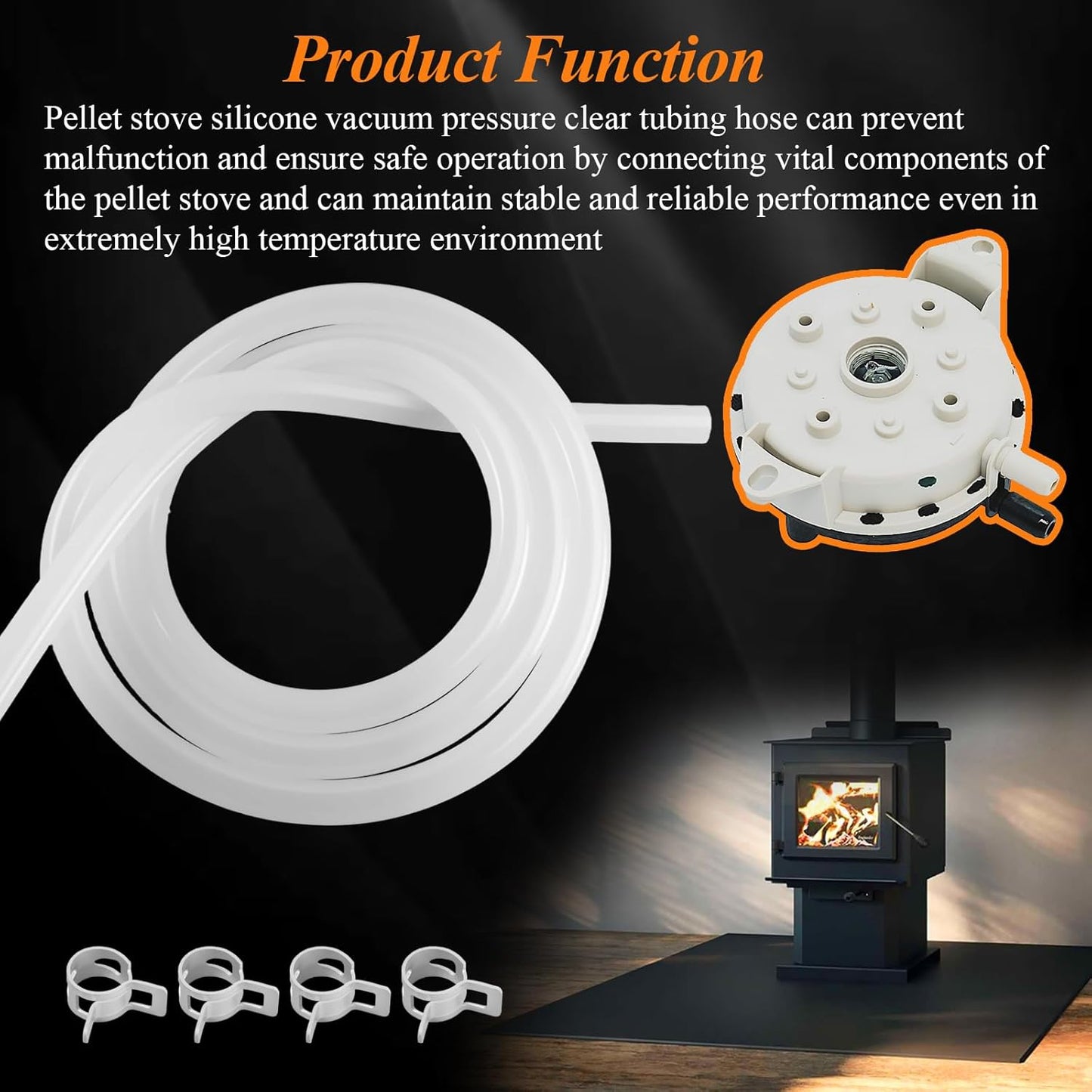 20093K Pellet Stove Silicone Vacuum Pressure Hose for Vacuum Shutdown and Firebox Pressure Switches, Fit for Most Englander Pellet Stove Models, 5 Feet Clear Tubing Hose with 4 Clips, Part# PU-VH