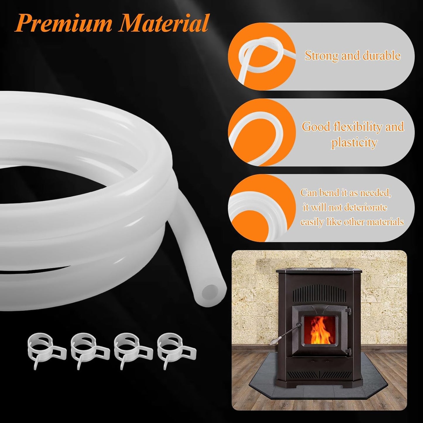 20093K Pellet Stove Silicone Vacuum Pressure Hose for Vacuum Shutdown and Firebox Pressure Switches, Fit for Most Englander Pellet Stove Models, 5 Feet Clear Tubing Hose with 4 Clips, Part# PU-VH