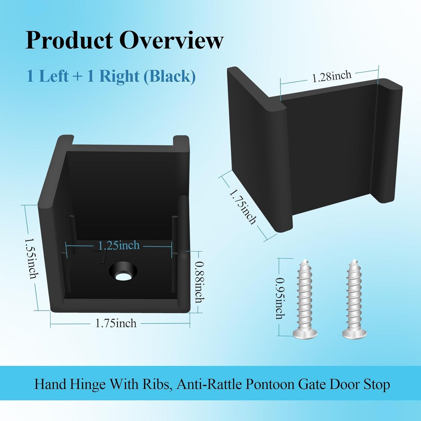 1 Left + 1 Right (Black) Hand Hinge with Ribs, Anti-Rattle Pontoon Gate Door Stop for 1-1/4" Square Tubing, Injection Molded Pontoon Door Stop, Screw Included, Direct Mounting with 1#10 Screws