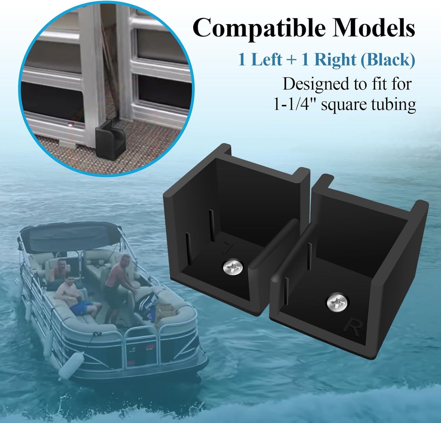 1 Left + 1 Right (Black) Hand Hinge with Ribs, Anti-Rattle Pontoon Gate Door Stop for 1-1/4" Square Tubing, Injection Molded Pontoon Door Stop, Screw Included, Direct Mounting with 1#10 Screws