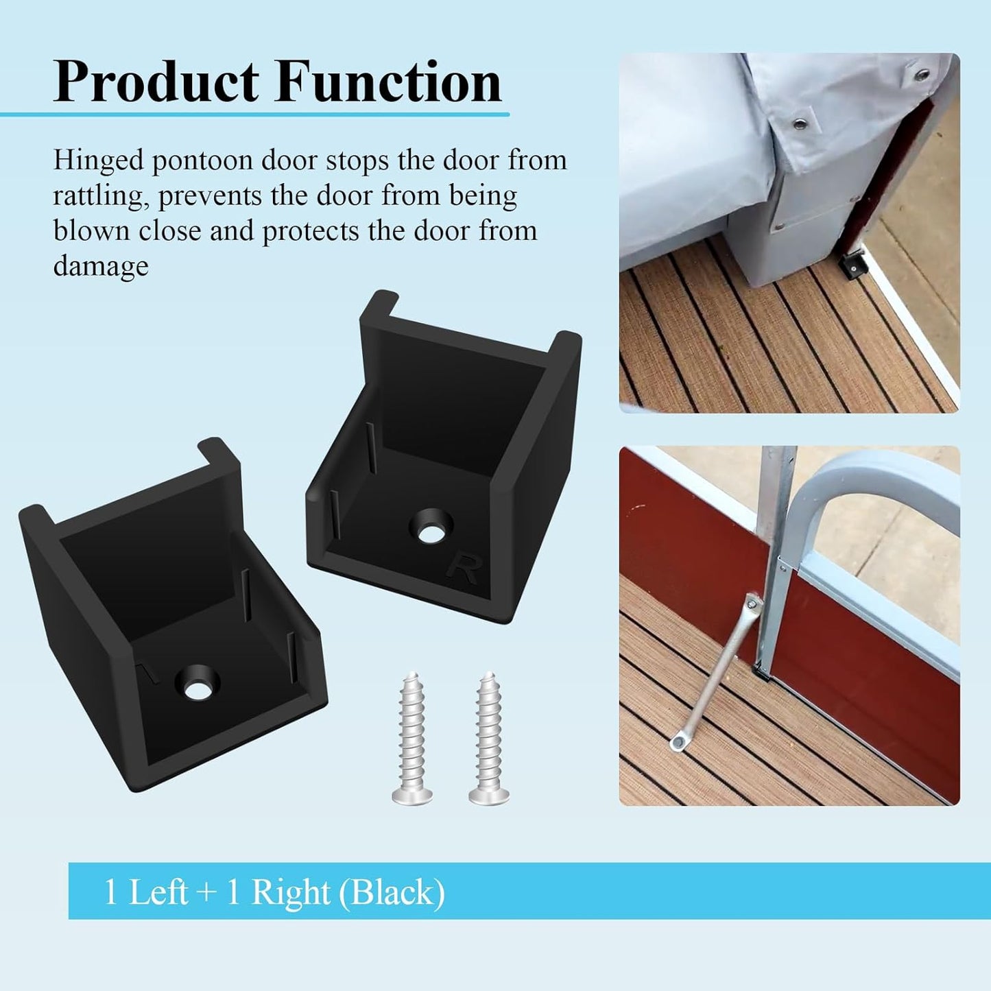 1 Left + 1 Right (Black) Hand Hinge with Ribs, Anti-Rattle Pontoon Gate Door Stop for 1-1/4" Square Tubing, Injection Molded Pontoon Door Stop, Screw Included, Direct Mounting with 1#10 Screws