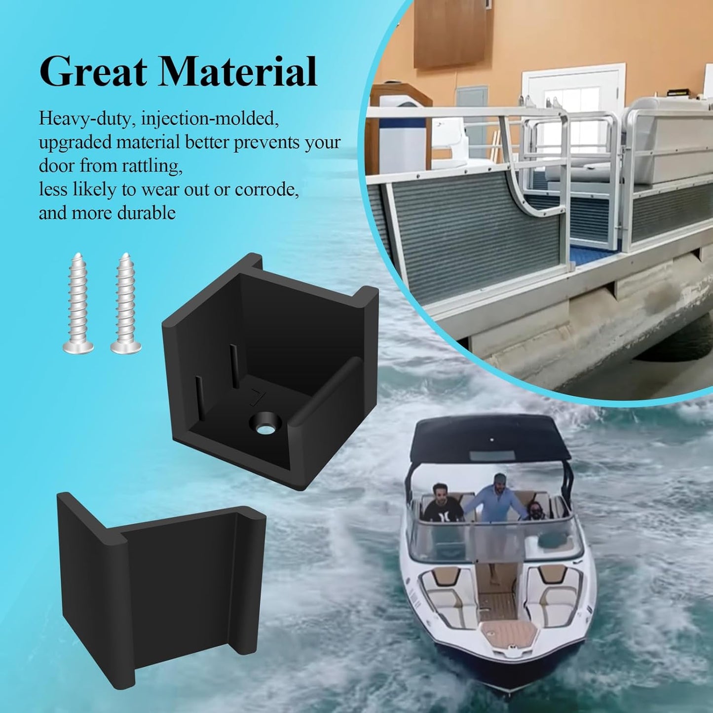 1 Left + 1 Right (Black) Hand Hinge with Ribs, Anti-Rattle Pontoon Gate Door Stop for 1-1/4" Square Tubing, Injection Molded Pontoon Door Stop, Screw Included, Direct Mounting with 1#10 Screws