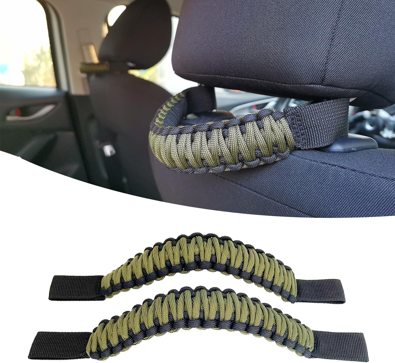 Headrest Grab Handles Universal Grip Handles,Passenger Support Handles for Jeep Wrangler,Ford Bronco,Toyota,Tacoma,Trucks,SUV,Cars,2Pack (Black&Olive)