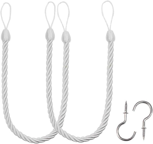 Curtain Ropes Tiebacks Tie-Backs, Curtain Handmade Holdbacks with 2 Metal Screw Hooks - White 2 Pack