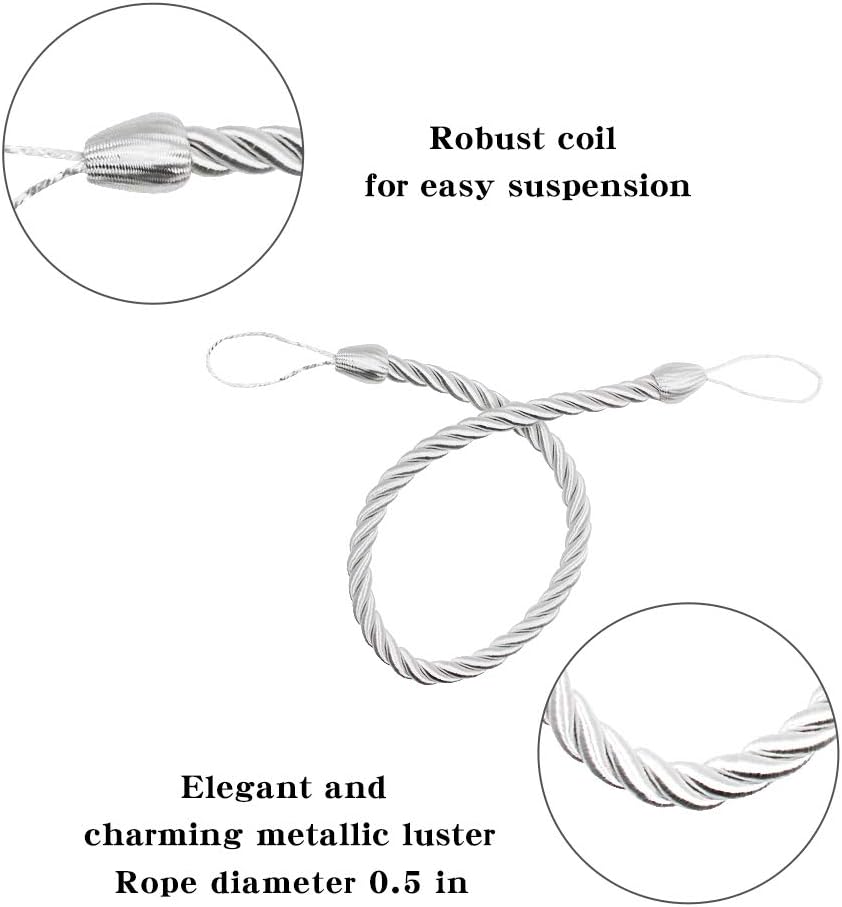 Curtain Ropes Tiebacks Tie-Backs, Curtain Handmade Holdbacks with 2 Metal Screw Hooks - White 2 Pack