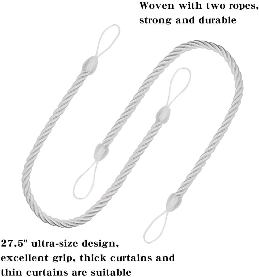 Curtain Ropes Tiebacks Tie-Backs, Curtain Handmade Holdbacks with 2 Metal Screw Hooks - White 2 Pack