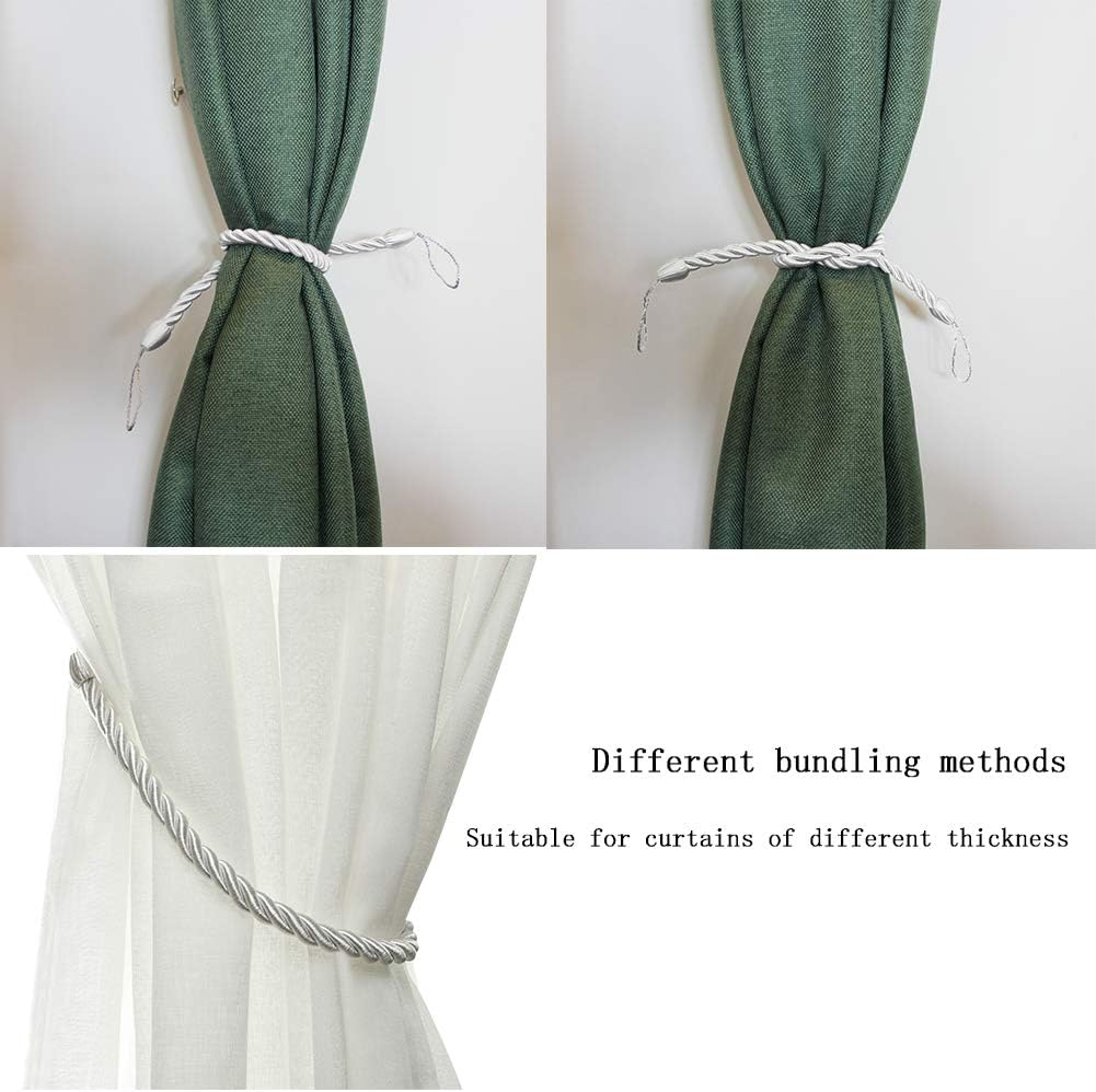 Curtain Ropes Tiebacks Tie-Backs, Curtain Handmade Holdbacks with 2 Metal Screw Hooks - White 2 Pack