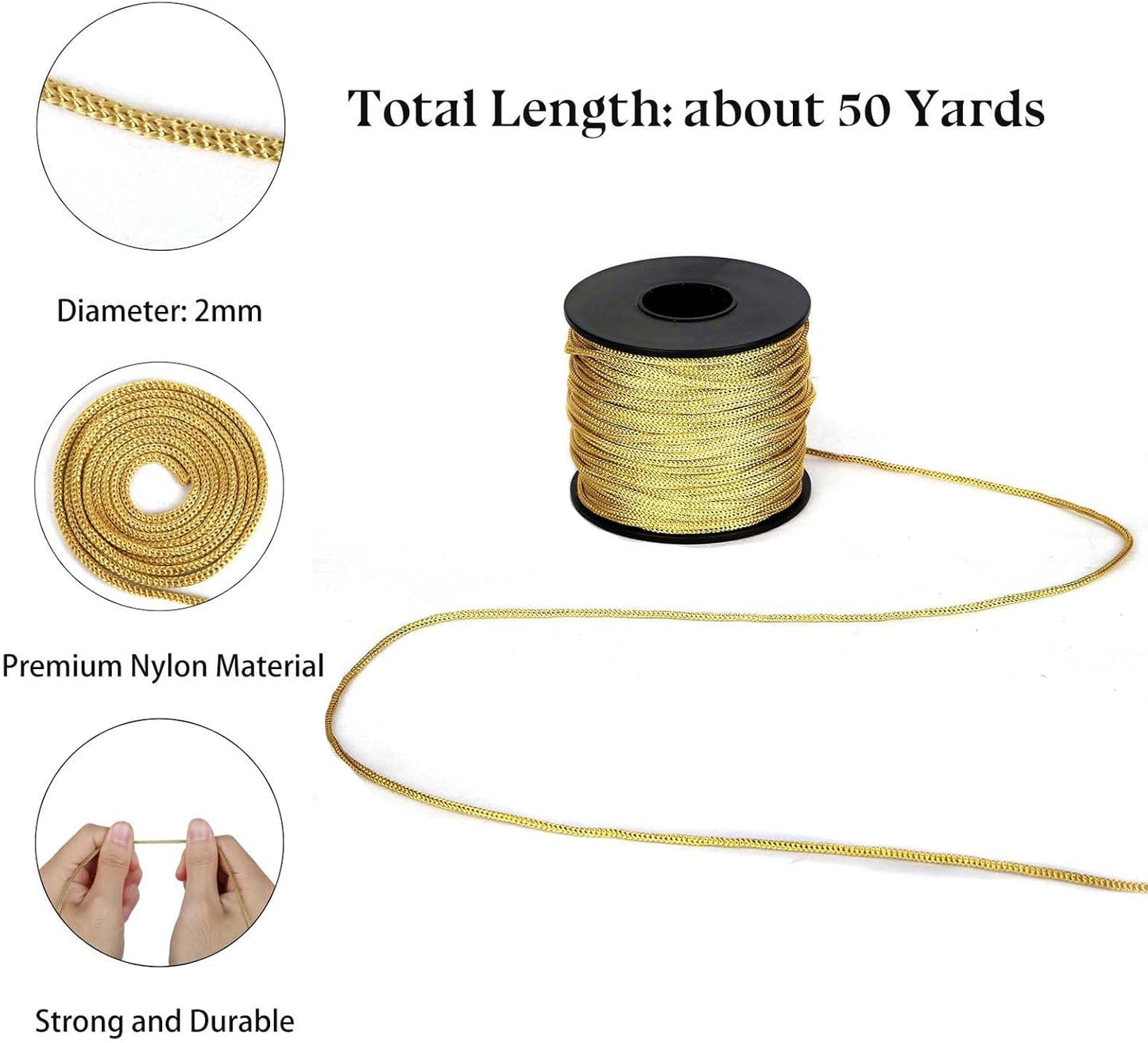 Nylon Satin Cord, 2mm 50 Yards Braided Lift Shade Cord for Necklace Bracelet String Cord, Blind Shade, Trim and Shoelaces (Gold)