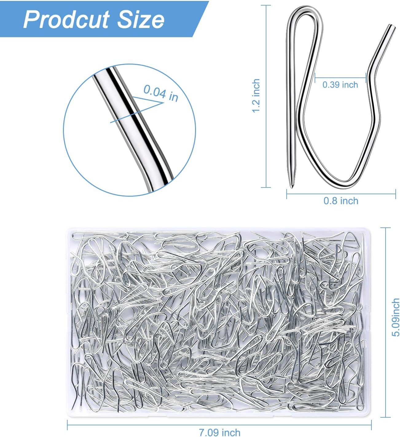 Metal Curtain Hooks, 200pcs Drapery Pins Stainless Steel Pin-on Hooks for Window Shower Door Curtain, Silver White