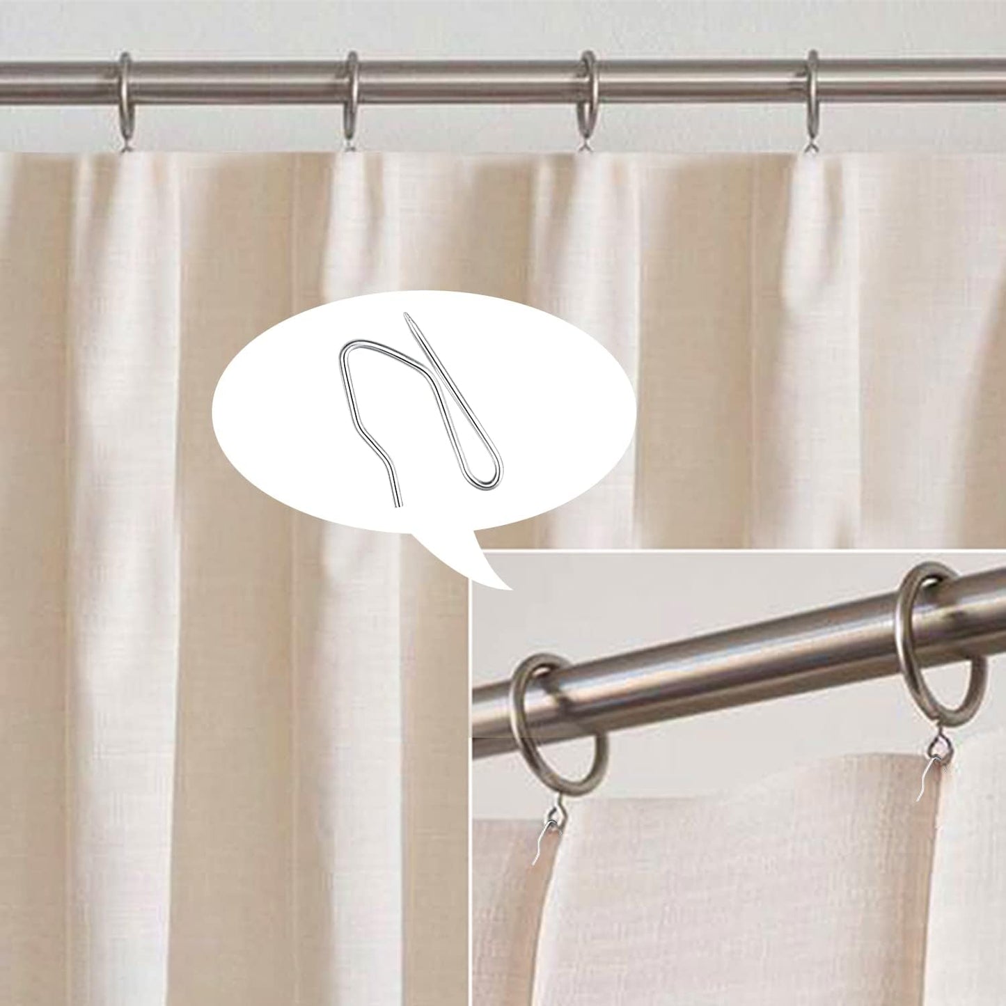 Metal Curtain Hooks, 200pcs Drapery Pins Stainless Steel Pin-on Hooks for Window Shower Door Curtain, Silver White