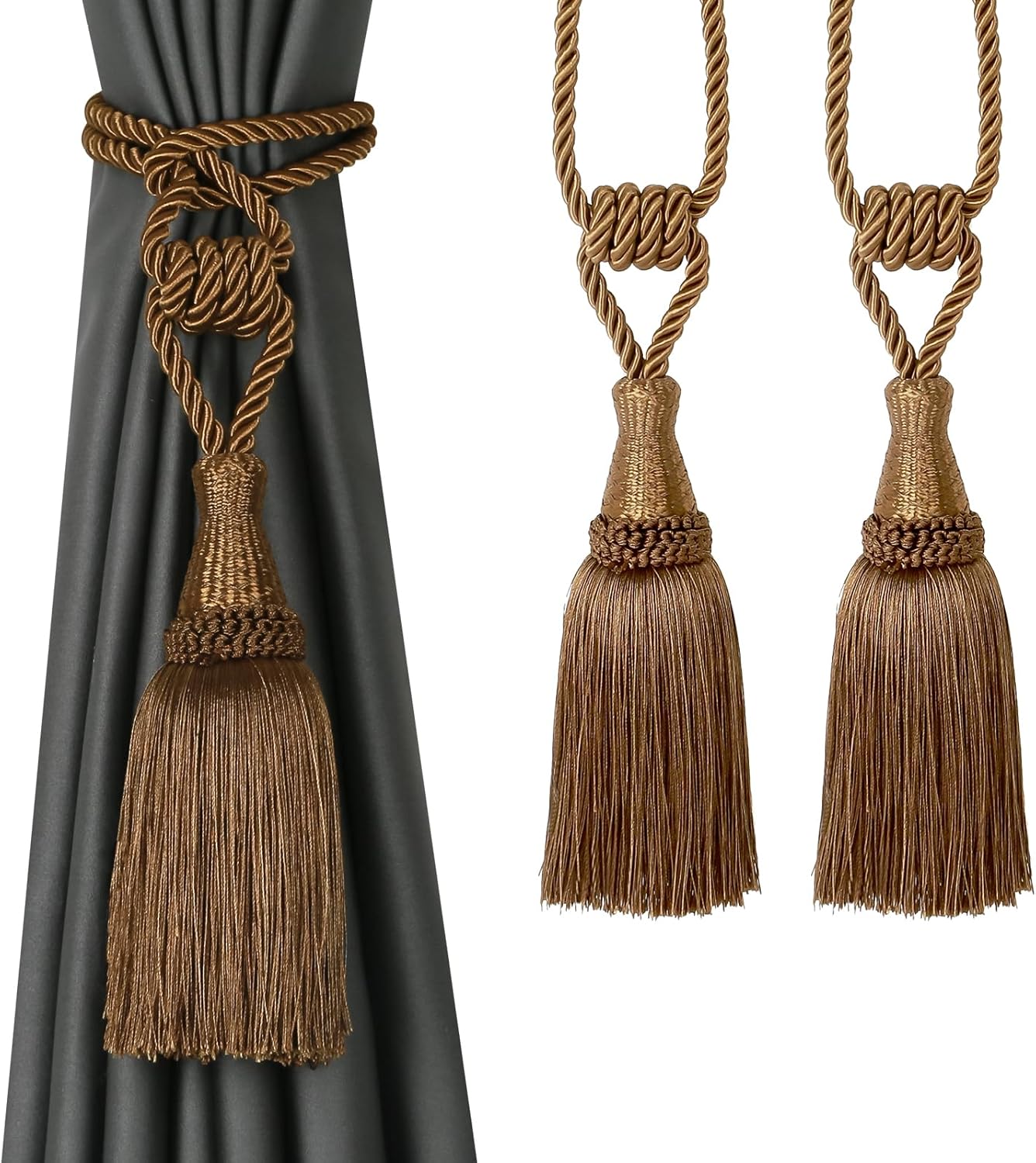 Curtain Tiebacks Handmade Holdbacks for Curtains Drape Decorative Tie Backs with Tassels(Coffee, 2 Pack)