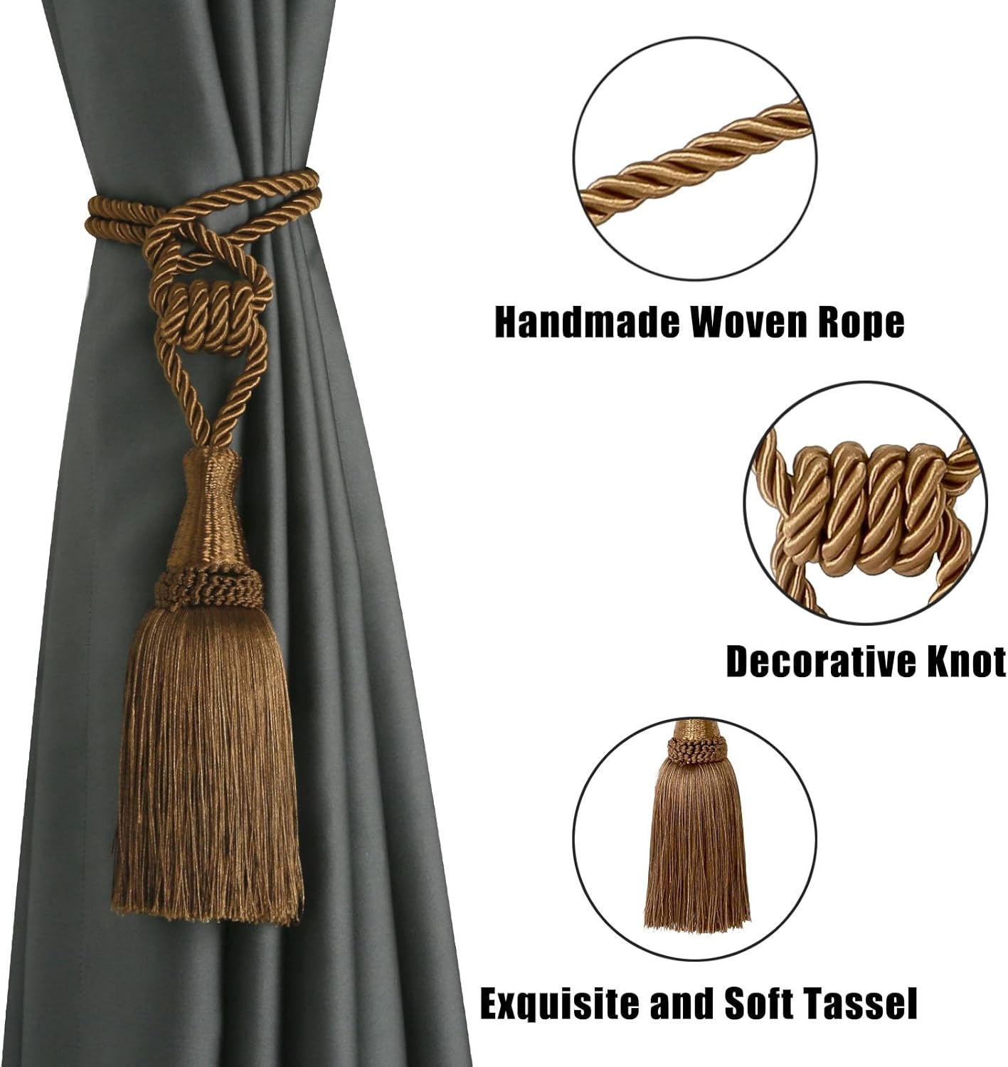 Curtain Tiebacks Handmade Holdbacks for Curtains Drape Decorative Tie Backs with Tassels(Coffee, 2 Pack)