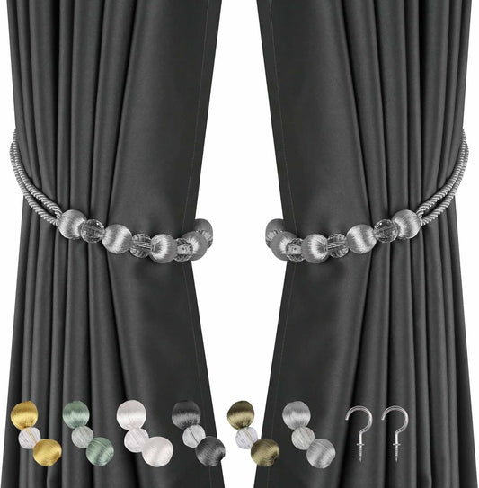 Crystal Curtain Tiebacks, Beaded Handmade Curtain with 2 Metal Screw Hooks Decorative Holdbacks Rope(Silver, 2pack)