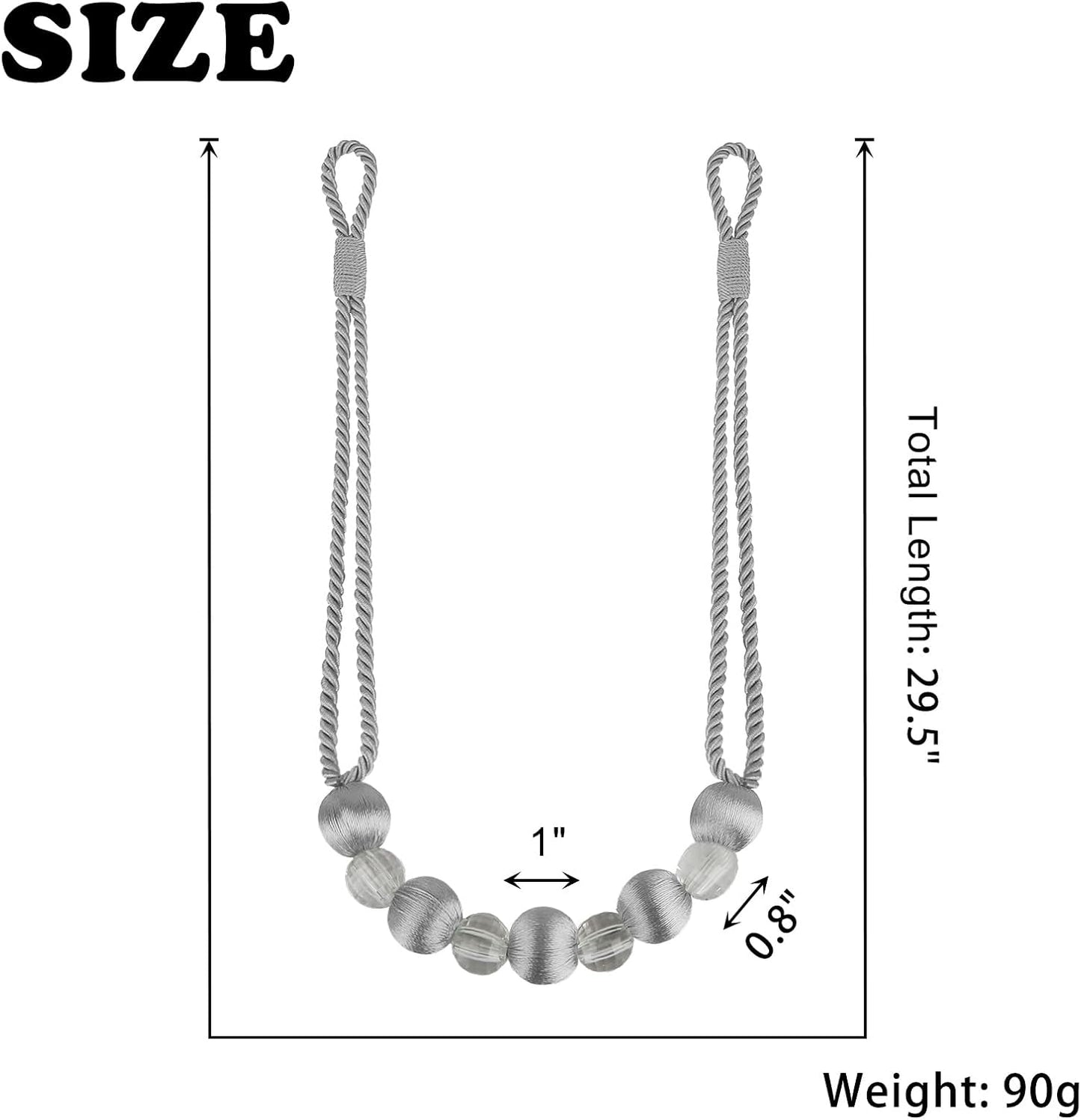 Crystal Curtain Tiebacks, Beaded Handmade Curtain with 2 Metal Screw Hooks Decorative Holdbacks Rope(Silver, 2pack)