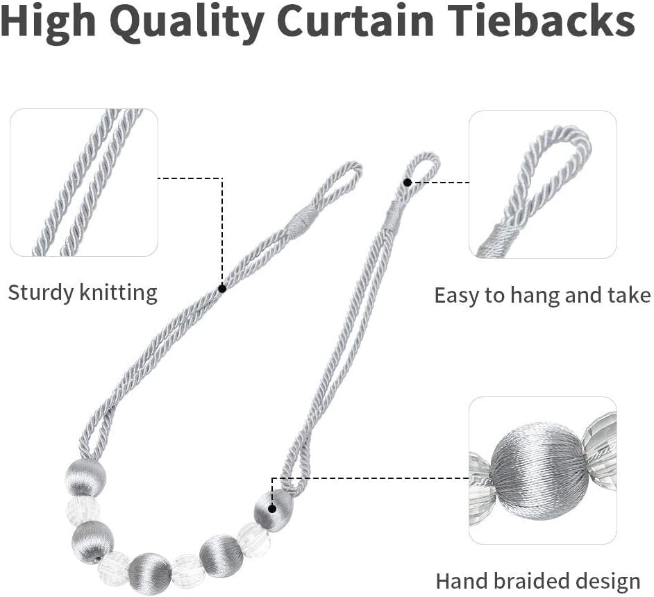 Crystal Curtain Tiebacks, Beaded Handmade Curtain with 2 Metal Screw Hooks Decorative Holdbacks Rope(Silver, 2pack)