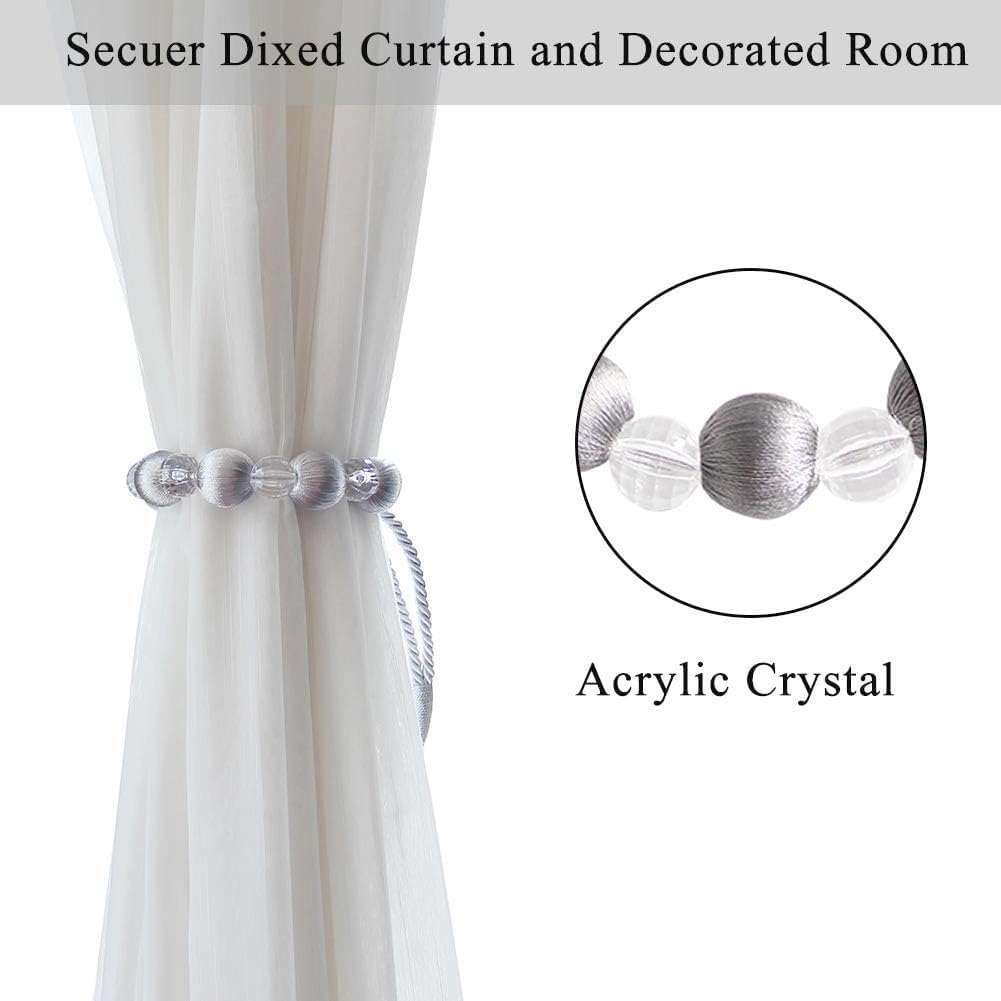 Crystal Curtain Tiebacks, Beaded Handmade Curtain with 2 Metal Screw Hooks Decorative Holdbacks Rope(Silver, 2pack)