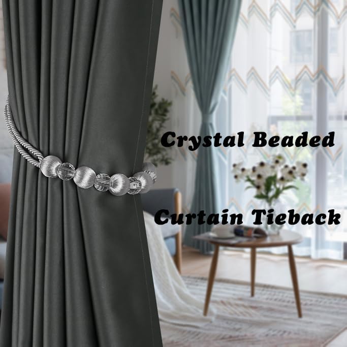 Crystal Curtain Tiebacks, Beaded Handmade Curtain with 2 Metal Screw Hooks Decorative Holdbacks Rope(Silver, 2pack)