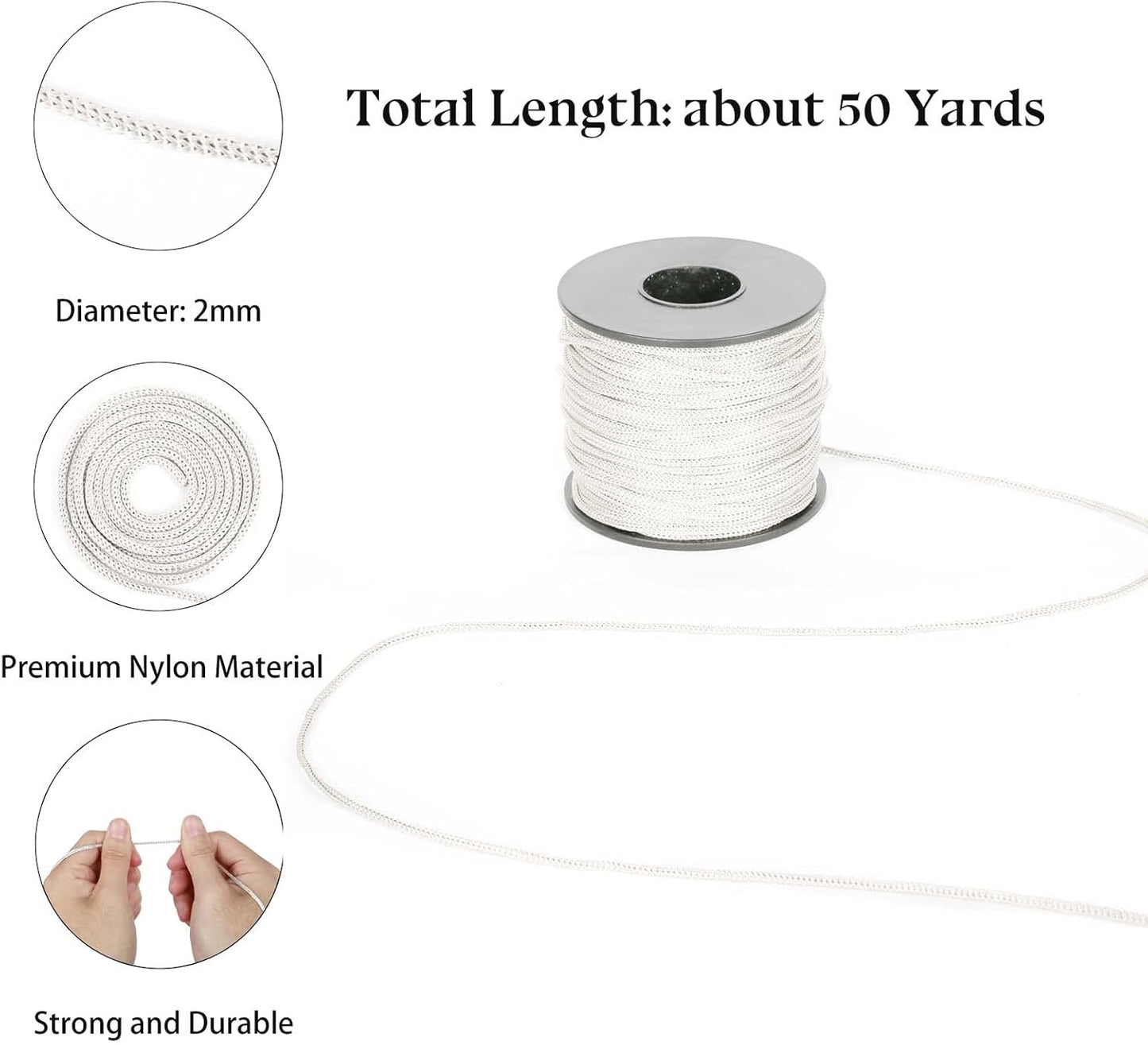 Nylon Satin Cord, 2mm 50 Yards Braided Lift Shade Cord for Necklace Bracelet String Cord, Blind Shade, Trim and Shoelaces (White)