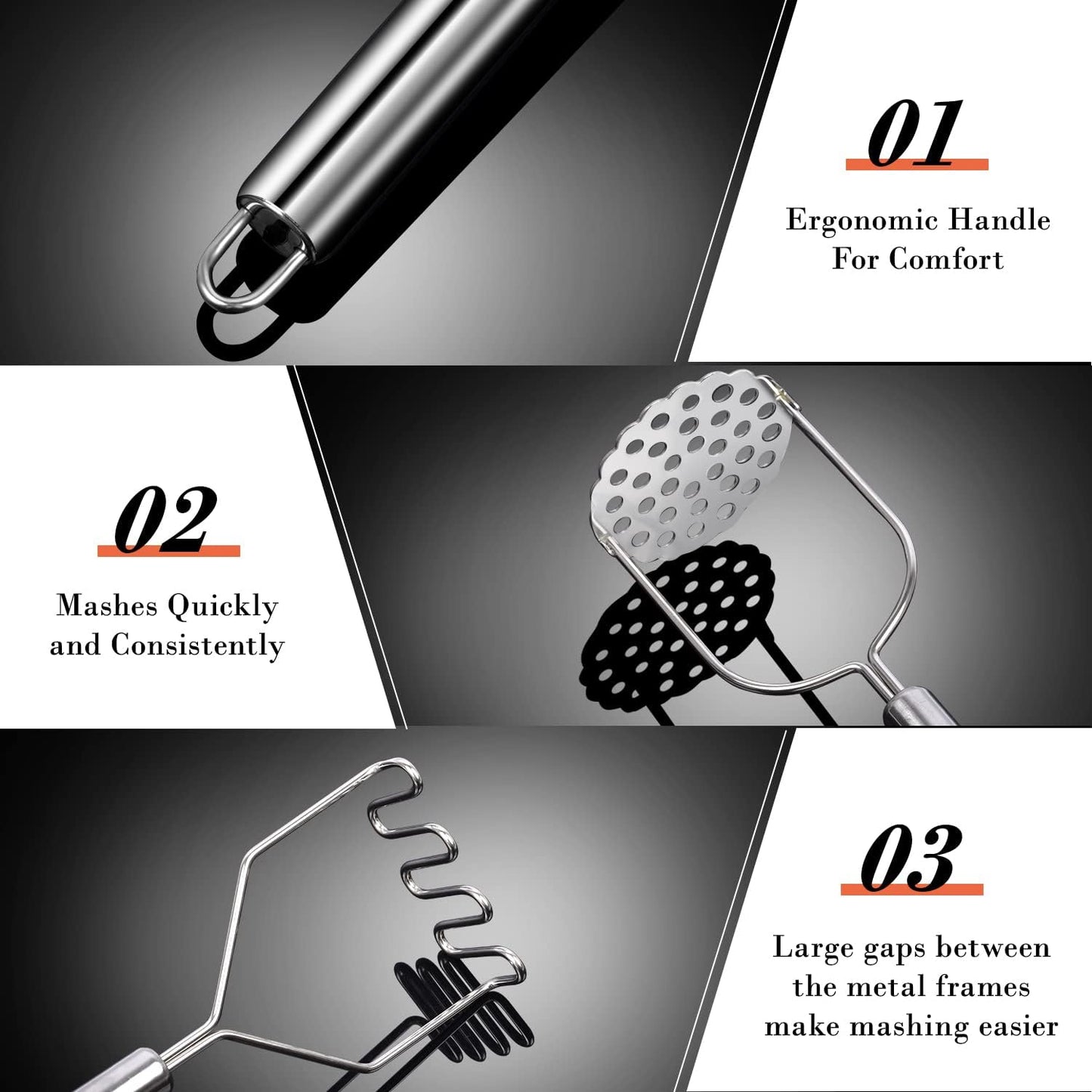 Potato Masher,  2 Pack Stainless Steel Integrated Kitchen Tool Food Masher for Potatoes, Vegetables, Berries, Fruits, Baby Food, Avocado