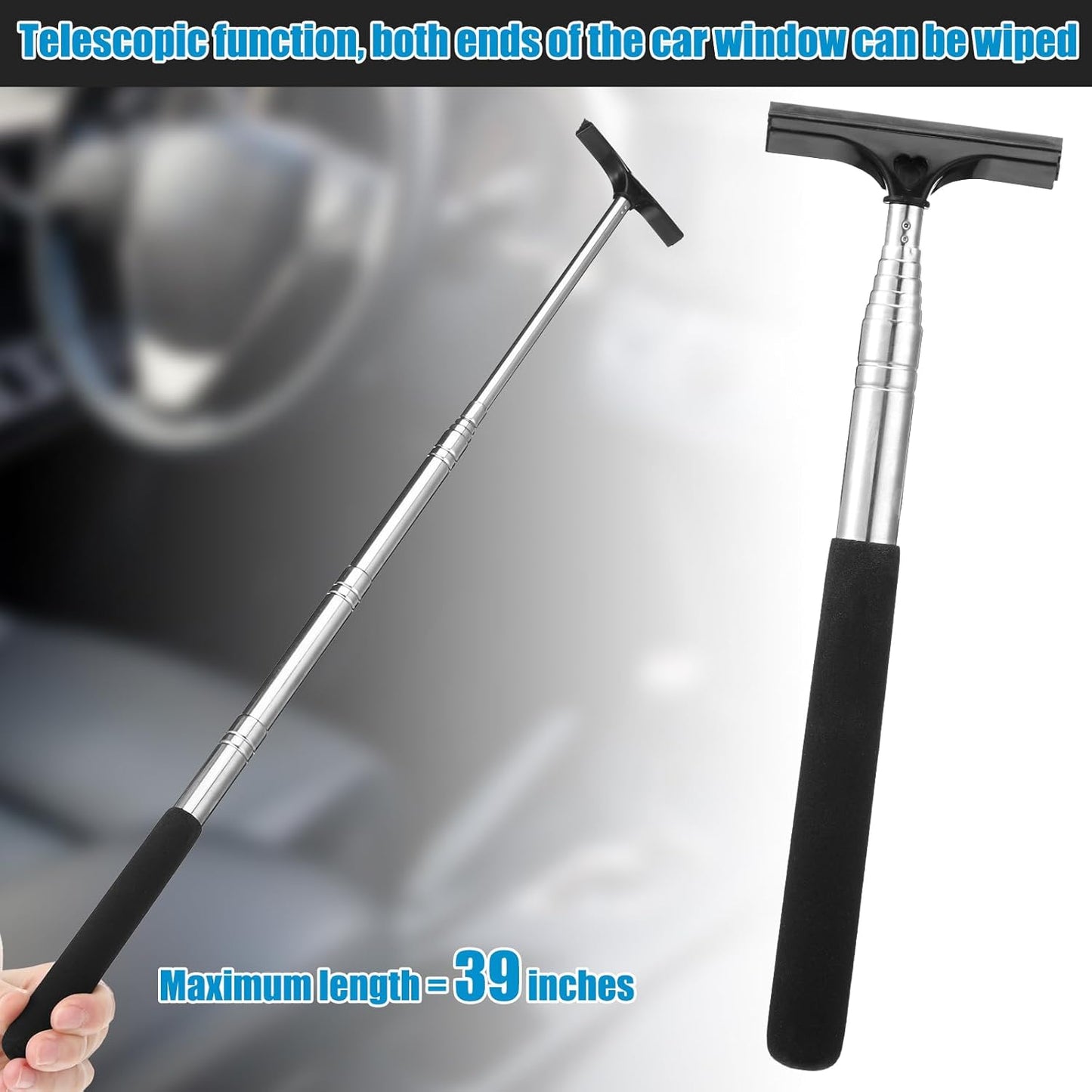 2 Pcs Side Mirror Squeegee Small 39 Inch Retractable Handle Car Squeegee with 5 Inch Car Window Mini Rearview Mirror Wiper for Glass Door Rainy Foggy Accessories