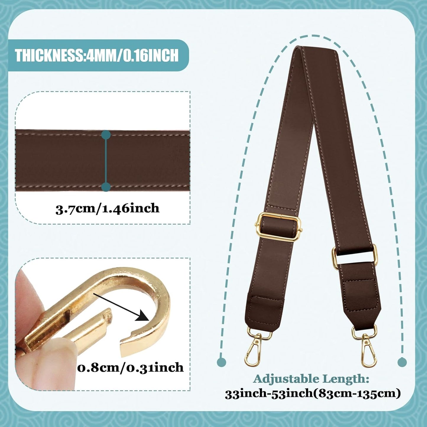Dark Brown Leather Purse Strap Wide Adjustable Shoulder Purse Strap Handbags Replacement Crossbody Straps with Swivel Clasps, 33~55inch