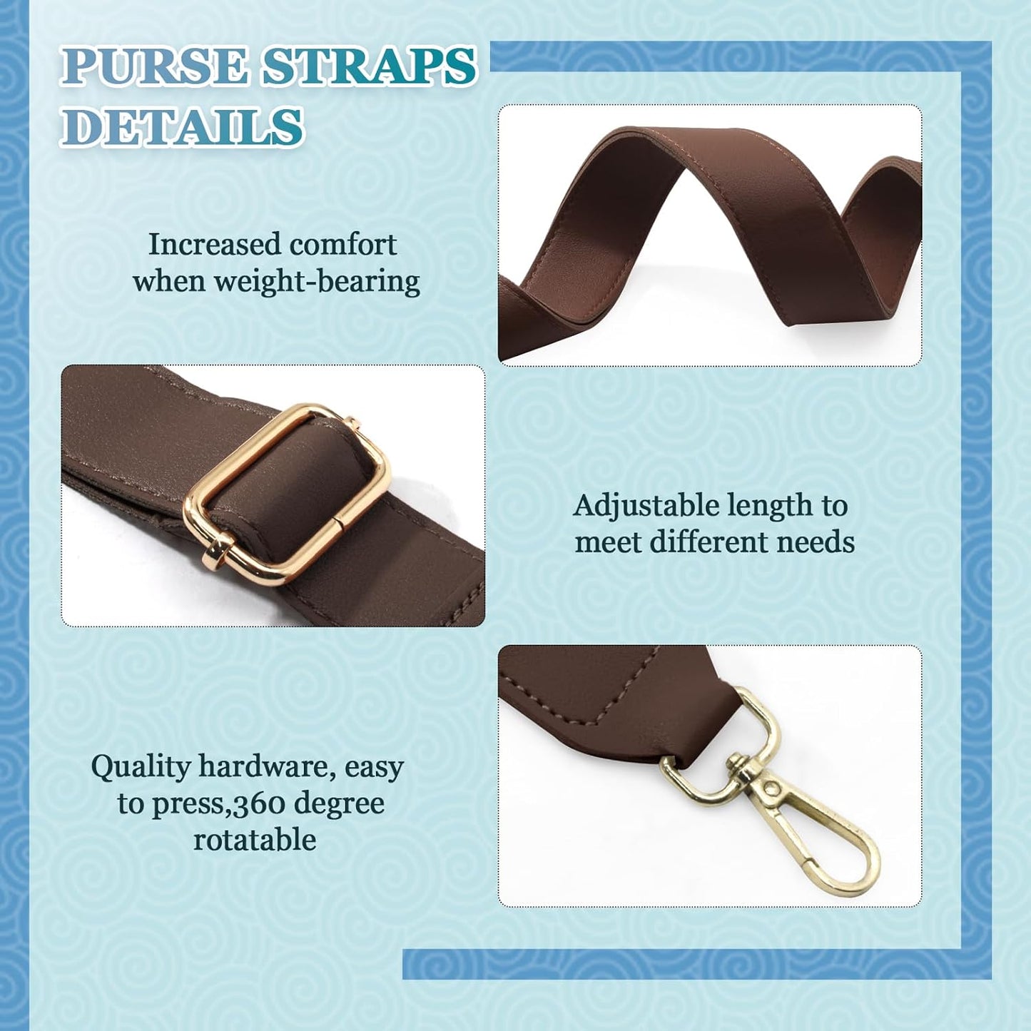 Dark Brown Leather Purse Strap Wide Adjustable Shoulder Purse Strap Handbags Replacement Crossbody Straps with Swivel Clasps, 33~55inch