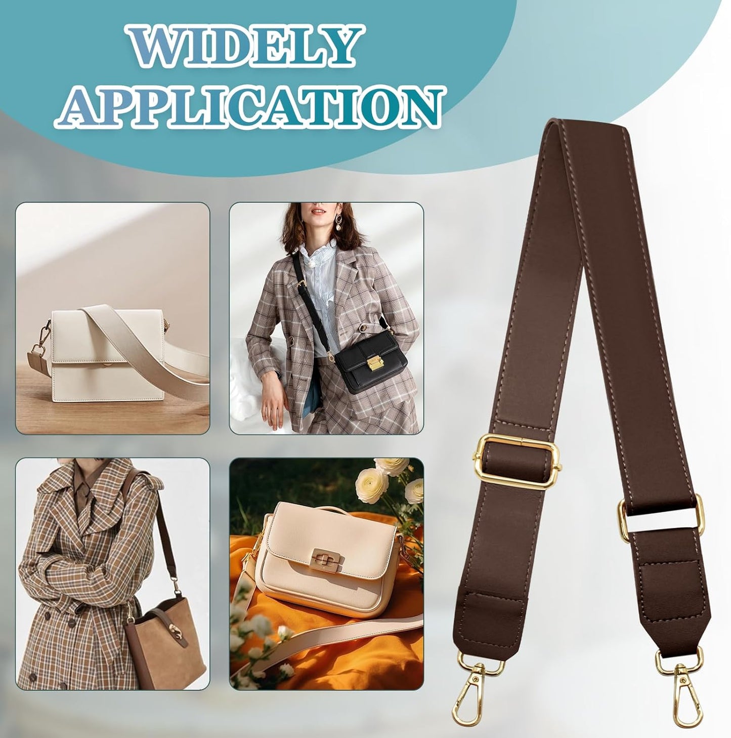 Dark Brown Leather Purse Strap Wide Adjustable Shoulder Purse Strap Handbags Replacement Crossbody Straps with Swivel Clasps, 33~55inch