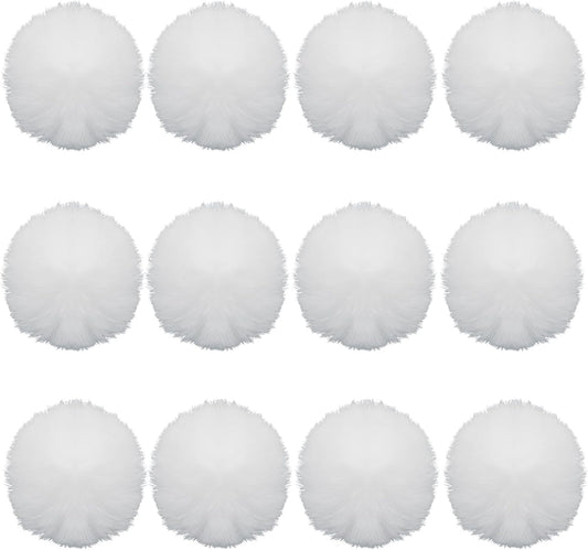 12 Pack Small Faux Fur Pom Pom Balls, 2.75 inch Fluffy Pompom Ball Elastic Loop Accessories, White Pompoms for Hats/Shoes/Scarves/Gloves/Bags