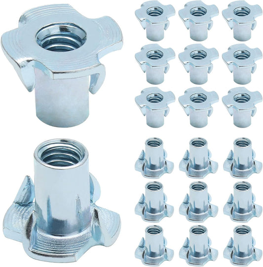 50 Pack 1/4"-20 T-Nuts, Four Pronged Tee Nut for Wood, Rock, Climbing Holds, Cabinetry (1/4"-20 x 9/16")
